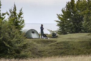 Grønt kuppeltelt på en græsklædt lysning mellem løvtræer ved kysten, med havet i baggrunden